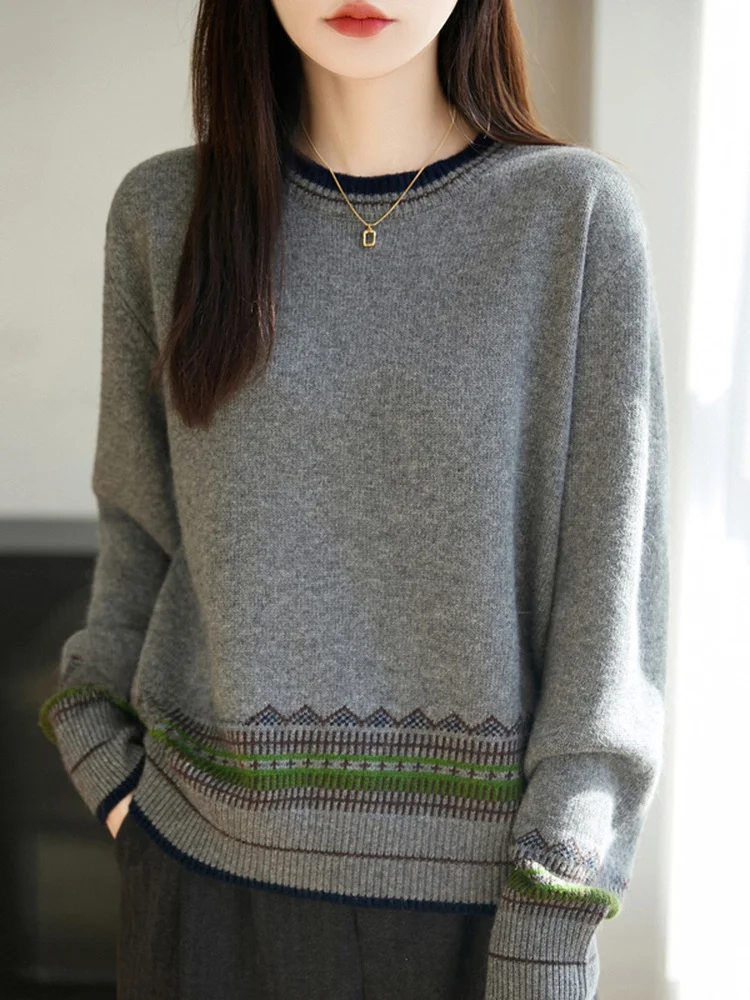 Faionable Color Blo redondo Ne suéter de punto mujer suelta Fair Isle Vintage prendas de punto versátil Anti envejecimiento Base irt