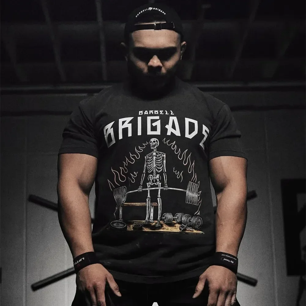 

Barbell Brigade Squat Tee Fitness Sports Men Running T-shirt Bodybuilding Short Sleeve T Shirts Male Workout Shirt Cotton Tops