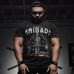 Brygada ze sztangą przysadzista koszulka sportowa Fitness męska T-shirt do biegania kulturystyka t-shirty z krótkim rękawem męska koszula treningowa bawełniane topy