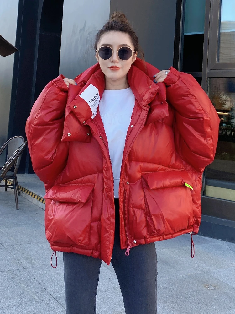 Parkas curtas femininas com capuz, Jaqueta Bomber Puffer, Casacos acolchoados de algodão quente, Casacos elegantes, Streetwear extragrande, Inverno,