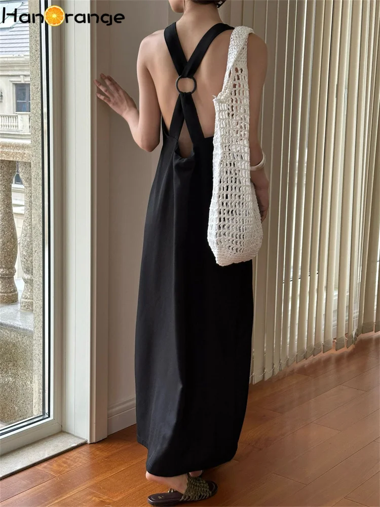 

HanOrange 2025 Summer Vacation Style Romantic Sleeveless Backless Dress Smooth Dry Casual Long Dress Black/Beige