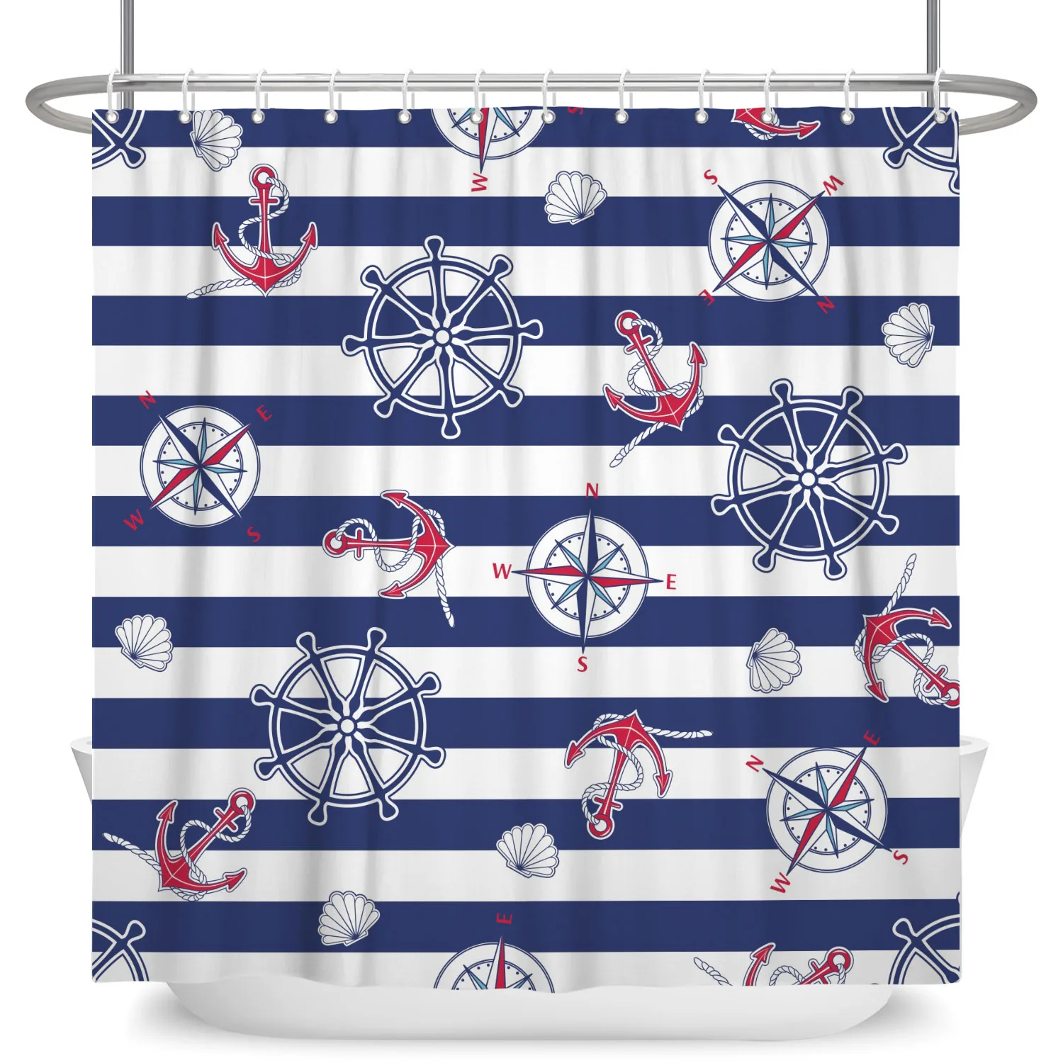

Морской корабль с якорем, занавеска для душа, компас, полосы, парусная самая прибрежная тема, домашний декор для ванной комнаты, водонепроницаемая занавеска для ванны