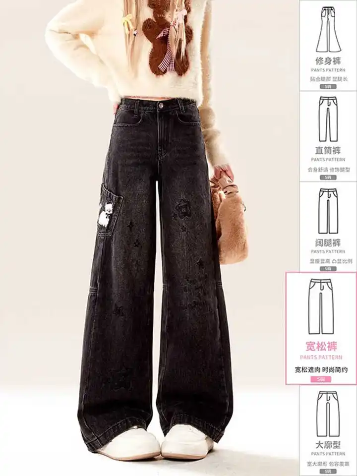 Women Black Goth Y2k Baggy Jeans Cartoon Cat Oversize Denim