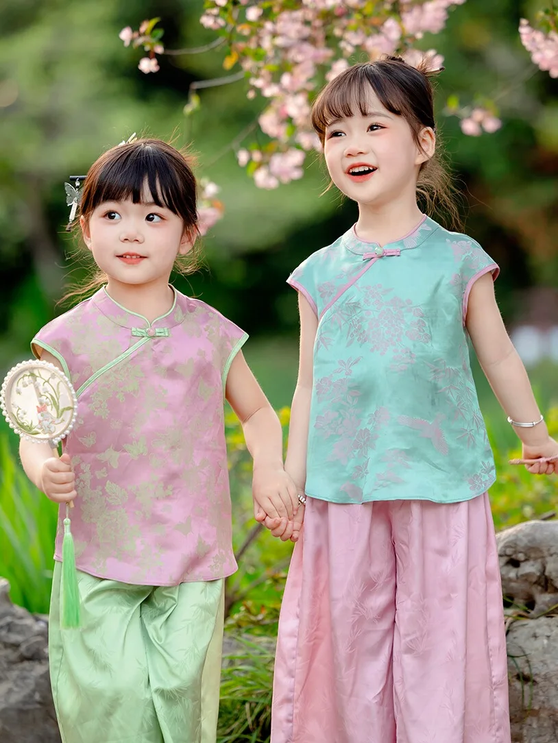 Kinder Zijde Cheongsam Pak 2024 Zomer Nieuwe Oude Kostuum Top Broek Pak Retro Van China Meisje Hanfu