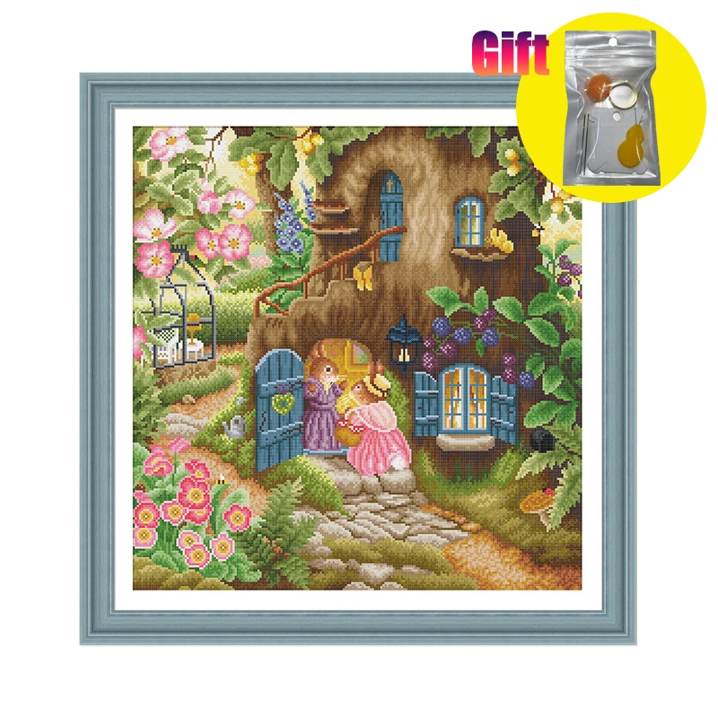 Print Cross Stitch Kit Children's Cartoon Pattern Garden House, Rabbit Cross Stitch Package, Christmas Wall Decor, 11CT