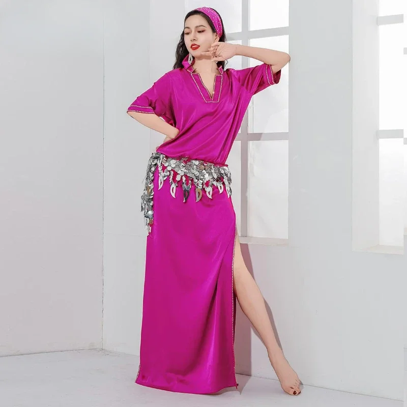 women's light pink arabian dance dress Belly Dancer Costume Women length dress. Women New Fashion Sexy Leopard