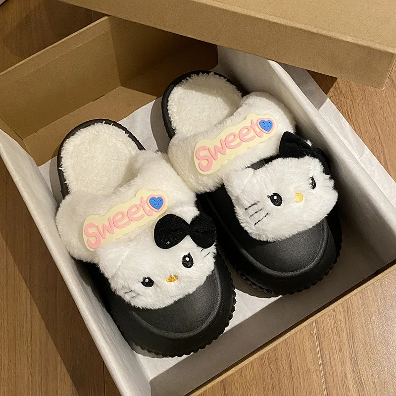 

Милые хлопковые тапочки Hello Kitty, зимние каваи Sanrio для отдыха, милые теплые плюшевые тапочки на мягкой подошве со съемной хлопковой тапочкой для девочек