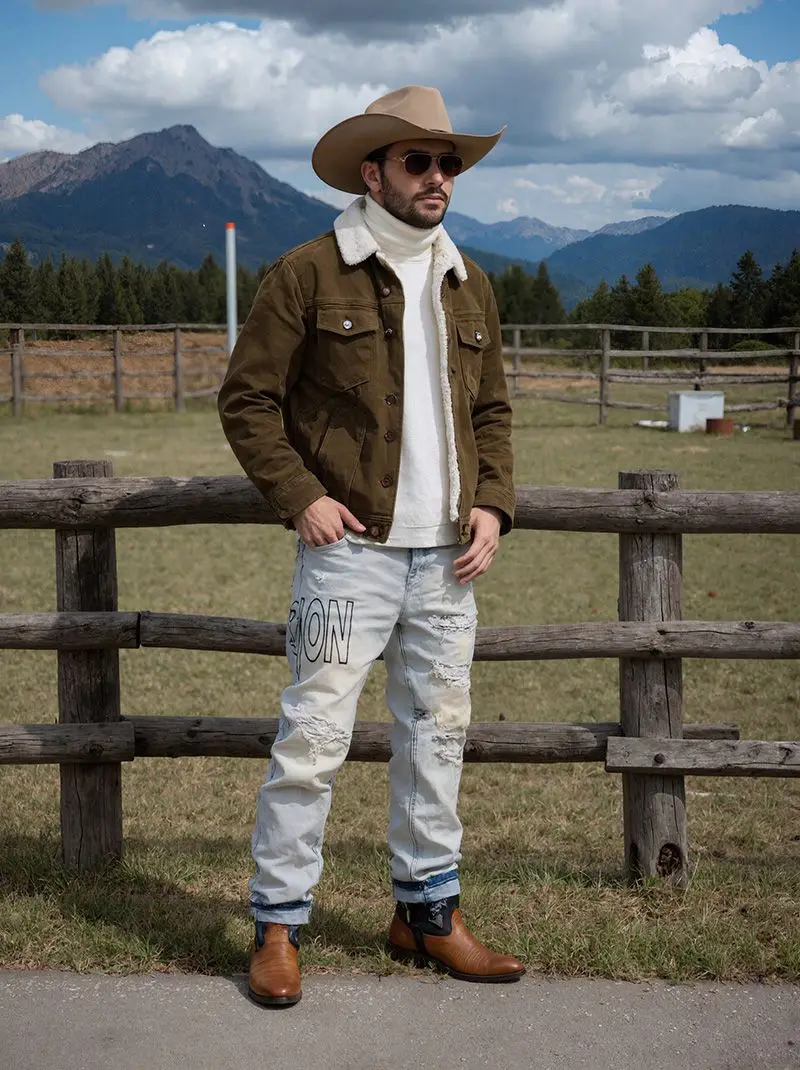 【HME】Men's Jeans | Straight‑Fit Western Style Denim Pants For Men, Light‑Wash Destroyed Denim Trousers, Loose Comfort Casual Pants, Fashion Letter Graphic Denim Bottoms, Ideal Match With Cowboy Boots For Street And Outdoor Occasions