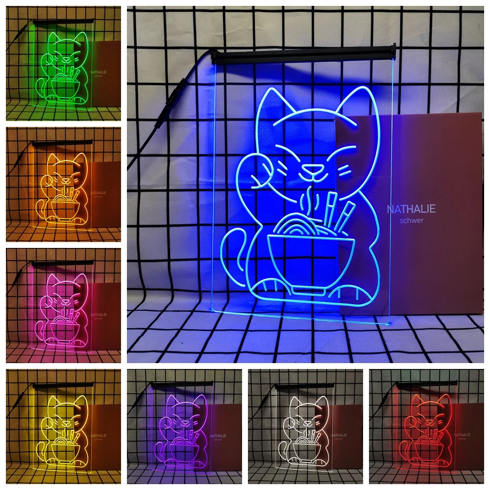 Maneki Neko Ramen Luck Cat-Retro LED Neon Sign Home Decor with Vintage Plaques and Posters for Room Office Farmhouse