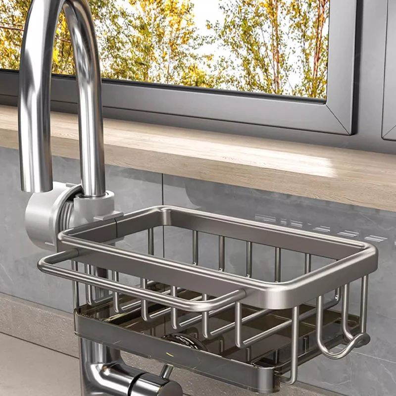 Kitchen Space Aluminum Sink Faucet Storage Rack Dishwasher Vegetable Sink Supplies Household Drain Basket Bathroom Accessories