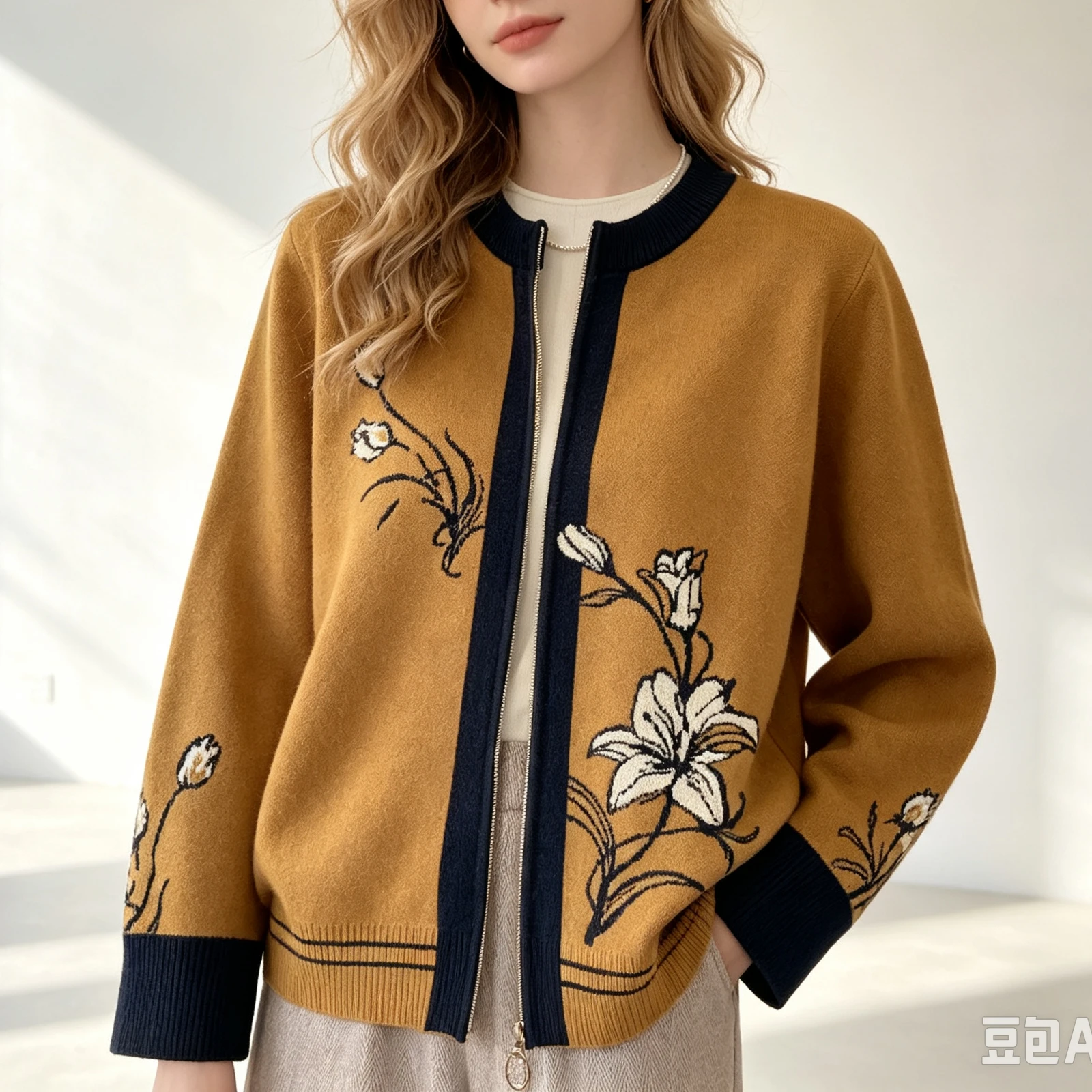 Aesthetic Elegant Mature Women Zip Knit Cardigan Crew Neck Lily Flower Jacquard Print Relaxed Fit Long‑Sleeve Casual Knit Coat