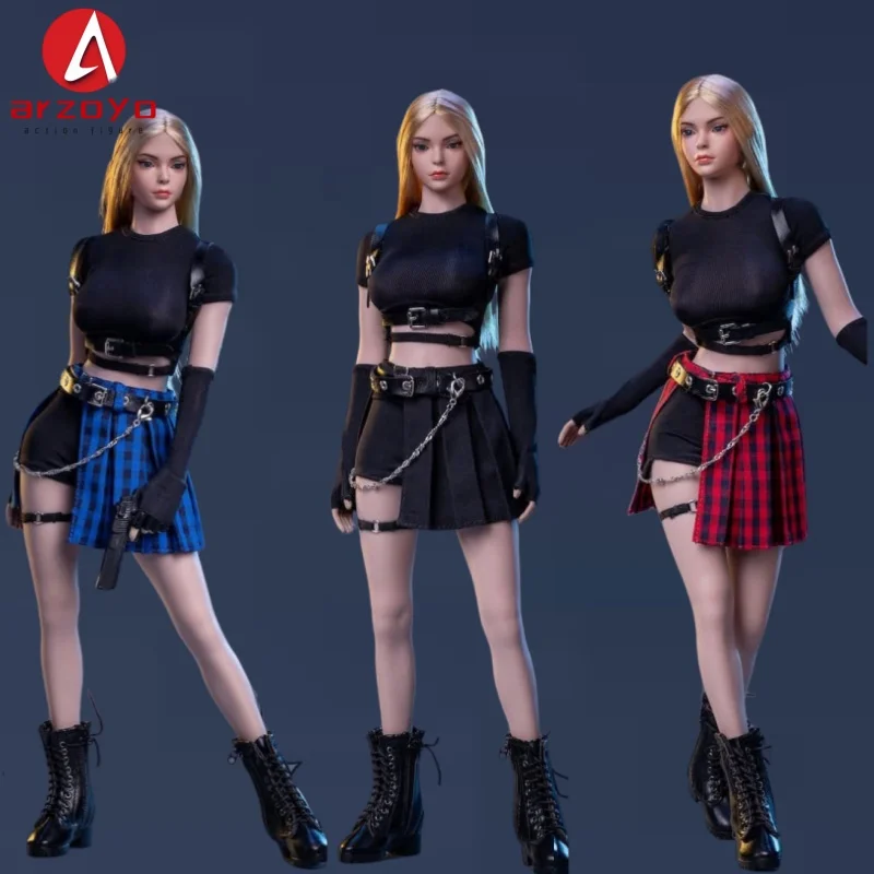 

3S045 1/6 Scale Female Soldier Sexy Handmade Trendy Blue Red Grid Skirt Set Model for 12'' Action Figure Body Toys Doll