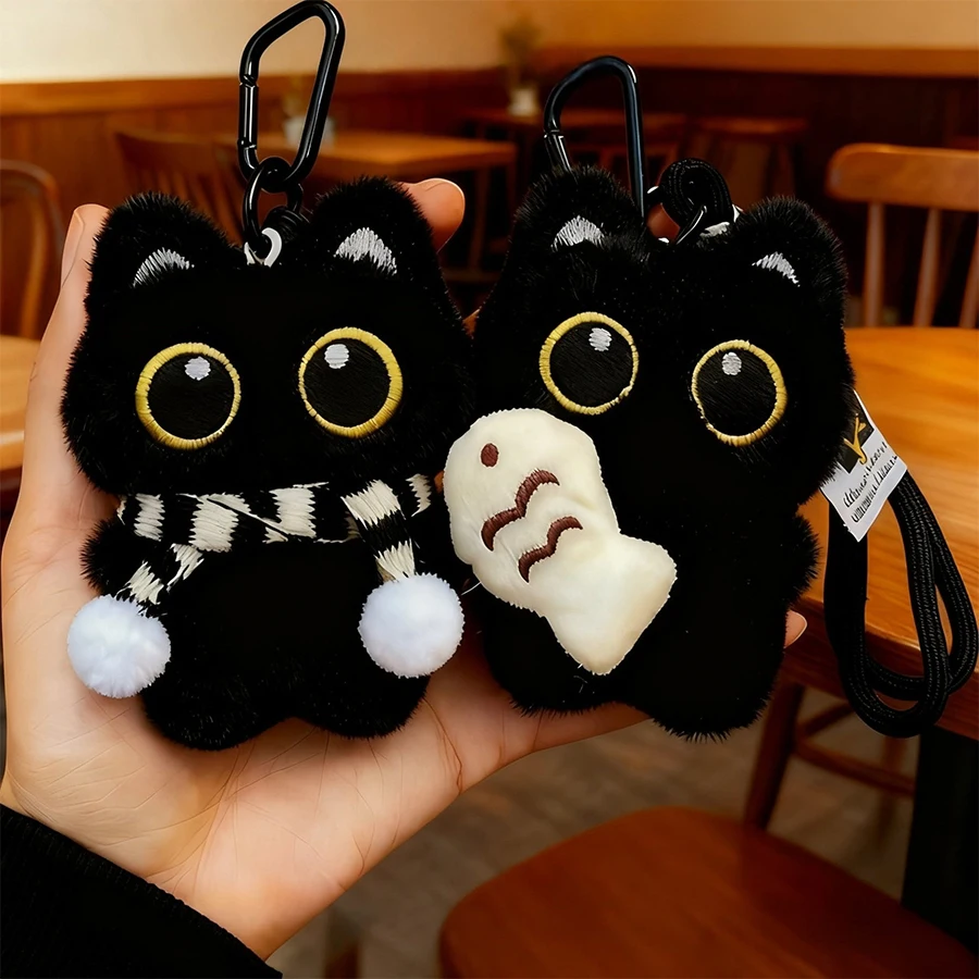 1 pair Cool Plush Black Cat Doll Toy Keychain Bag Pendant Charms Car Keyring Accessories For Women Couples Kawaii Gift