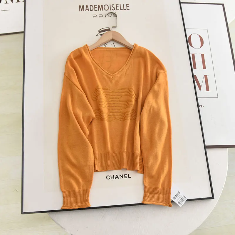 

Модный оранжевый тонкий пуловер с V-образным вырезом, свитер, Женский Осенний однотонный Повседневный свитер, Топ