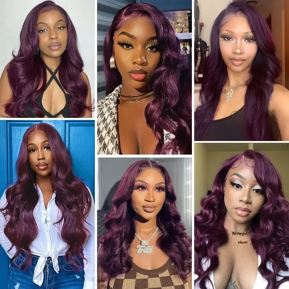 Dark Burgundy Lace Front Wigs Synthetic Body Wave Lace Wigs for Women Deep Purple 13X4 HD Lace Front Wigs T Part Glueless Wig