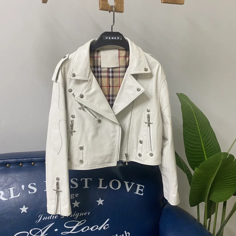   Ning 本革 Jaet レディース オートバイ スリムフィット リベット ジッパー アウターウェア