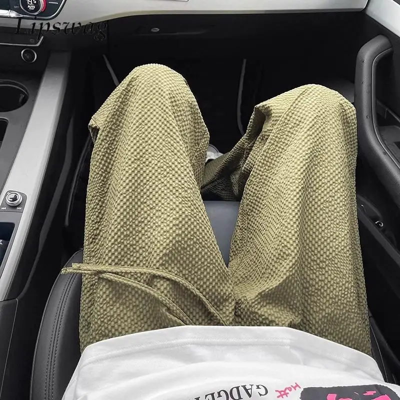 

Daily Casual Breathable Mens Ice Silk Trousers 2024 Autumn Fashion Solid Color Loose Straight Pants Men Vintage Drawstring Pants