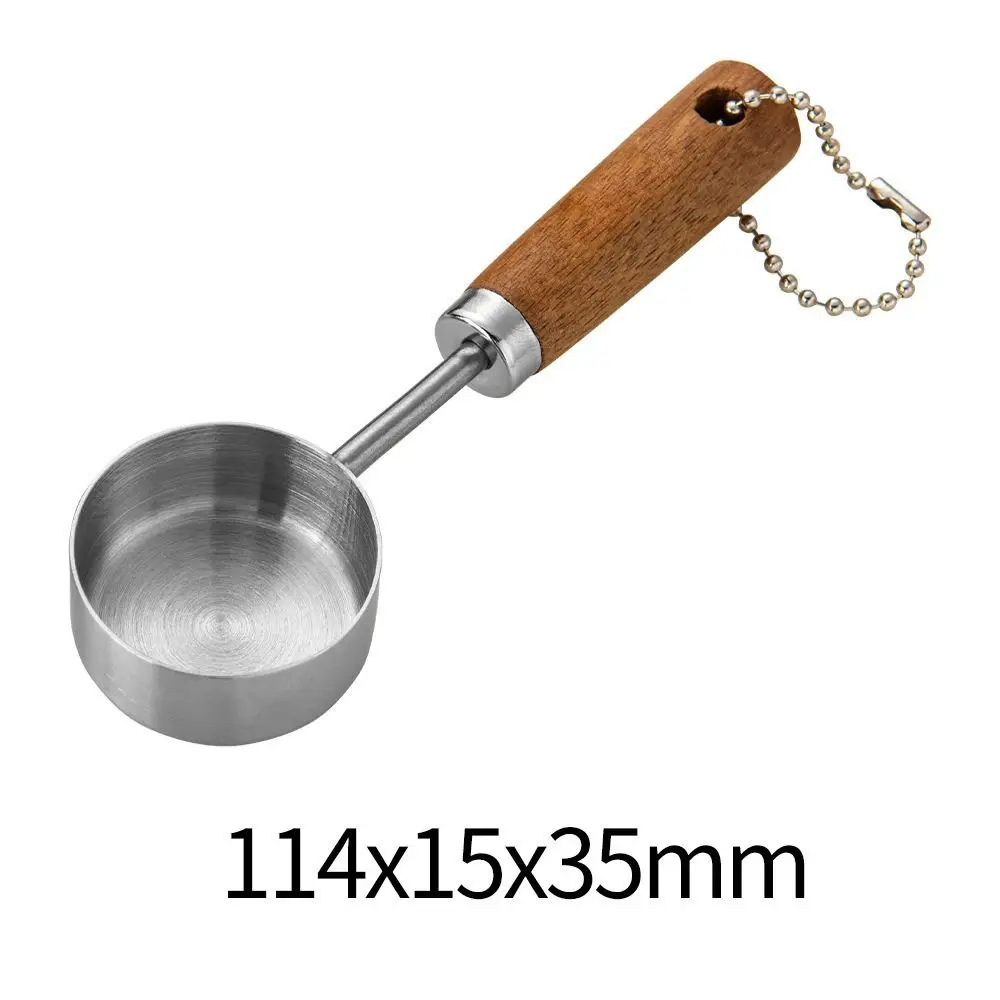 

14ml Stainless Steel Measure Spoon with Wood Handle Flat Bottom Measuring Cup Hangable Rustproof Kitchen Measure Tools