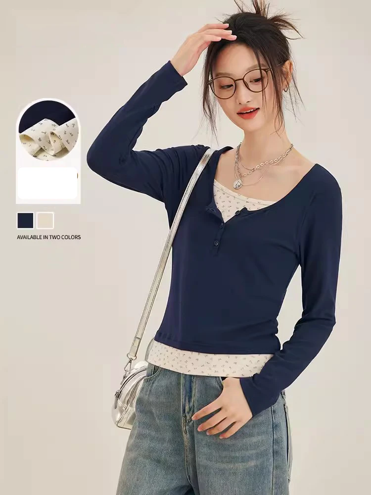 New Women Spring Autumn Floral Patchwork T-shirt Fashion O-Neck Long Sleeve Slim Print T-shirt Simplicity Sweet Basic T-shirt