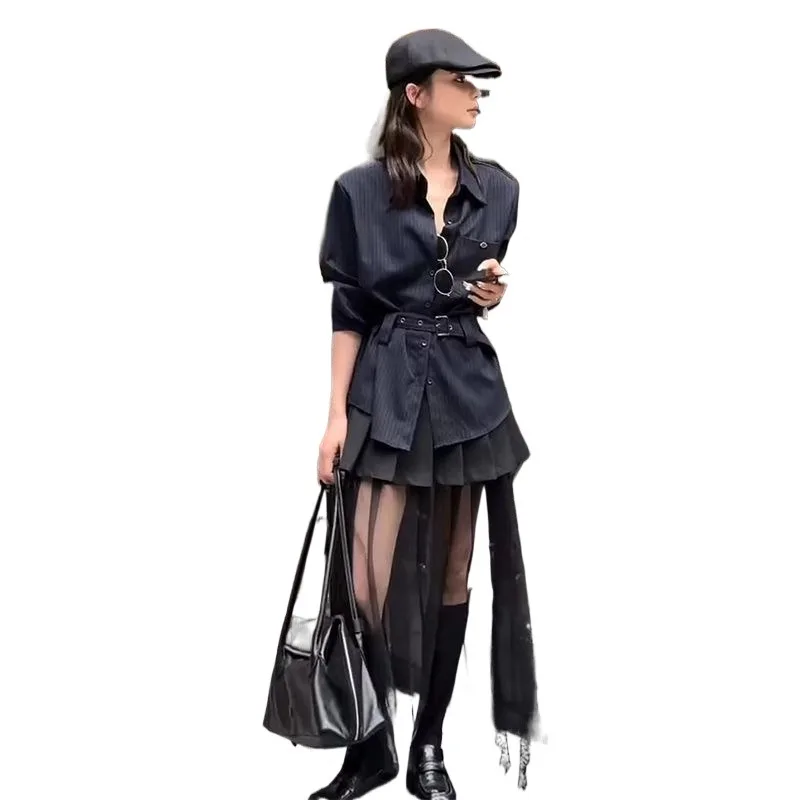 Temperament Commuting A Complete Set To Wear, Spring and Autumn New Fashion Striped Belt Shirt Mesh Pleated Skirt Two-piece Set