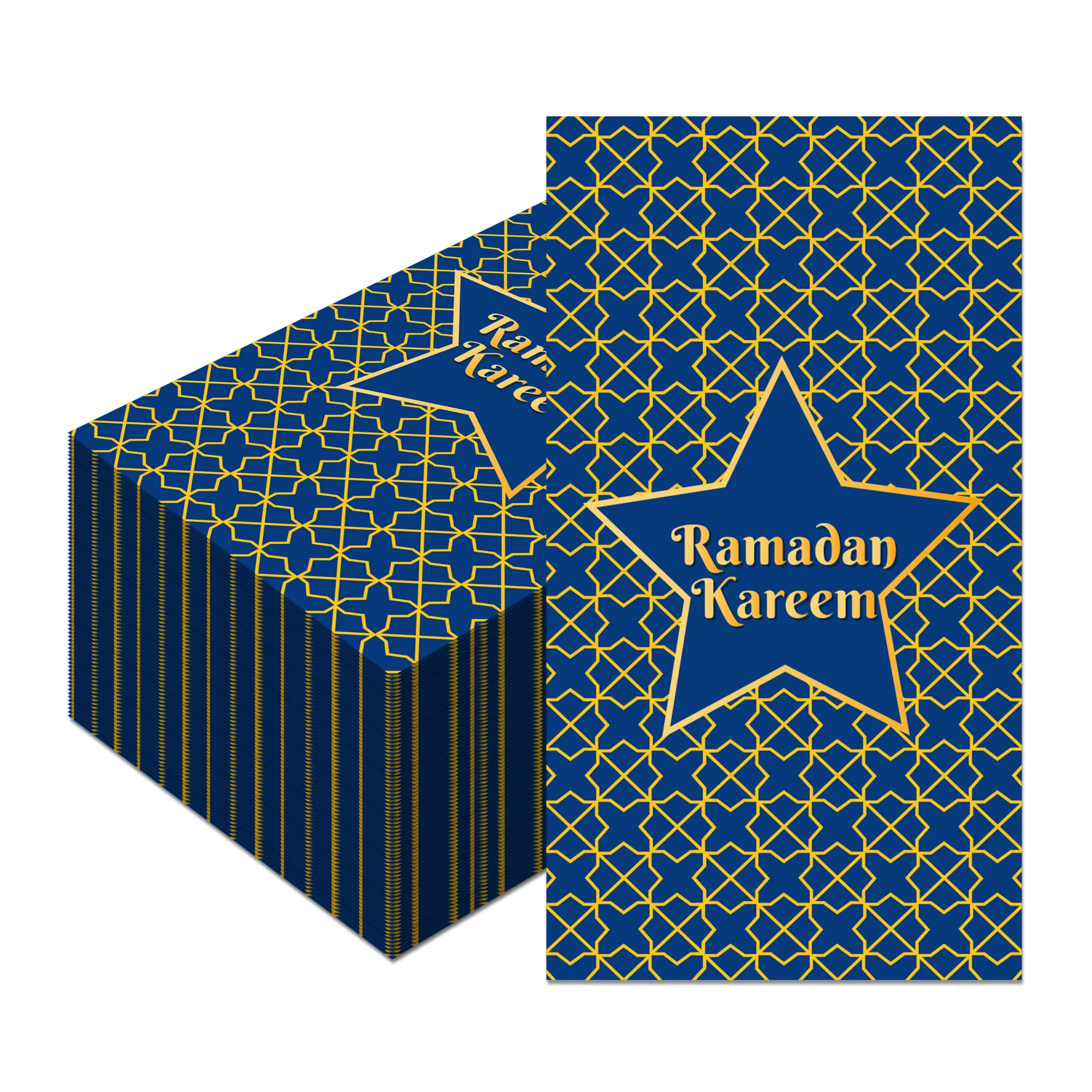 Islamic Geometric Dark Blue Background Disposable Paper Napkins 60/100 Pcs Double-Sided Printed Ramadan Kareem Golden Star Desig