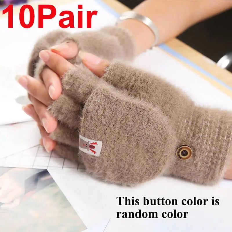 10Pair Wholesale Plush Gloves Winter Warm Knit Flip Gloves Student Fingerless Writing Fluffy Gloves Outdoor Thick Mitten Gloves