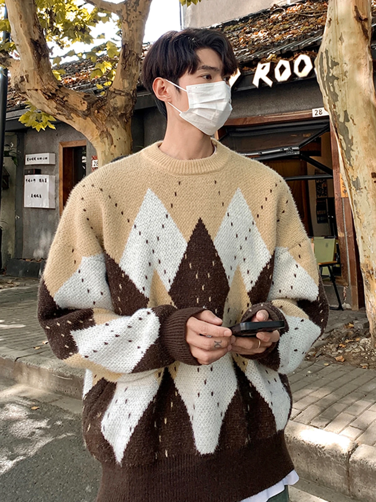 

Мужской зимний пуловер Brown Diamond id Fair Isle Knitwear в американском ретро-стиле с круглым вырезом, утолщенный, с длинными рукавами, повседневный топ