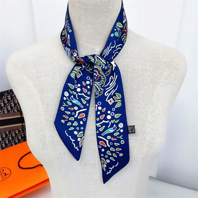 2022 Long Silk Scarf Women Luxury Hair Band Fashion Print Small Scarf Tie Bag Ribbon Accessories Women's Headscarf