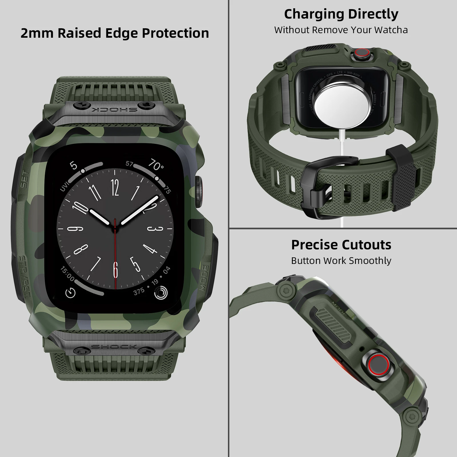 Army Camouflage Sport Case for Apple Watch Band 45mm 42 44mm Waterproof Drop-Resistant Integrated Strap for Iwatch 9 8 7 SE 6 5