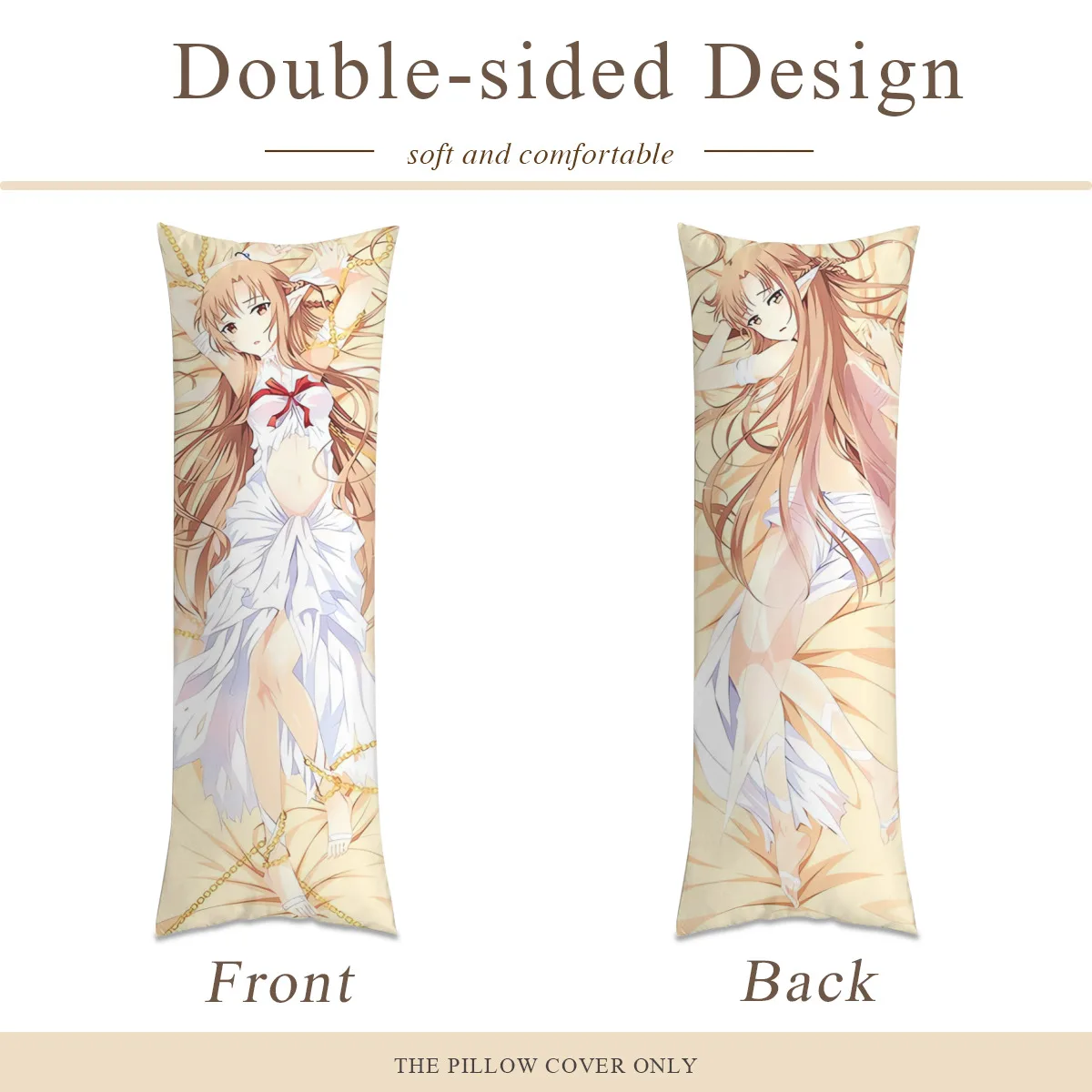 Asuna Anime Themed Bolster Cushion Cover - Anime Print Zippered Pillowcase Suitable for Bed, Sofa, Decor, Machine Washable Cover