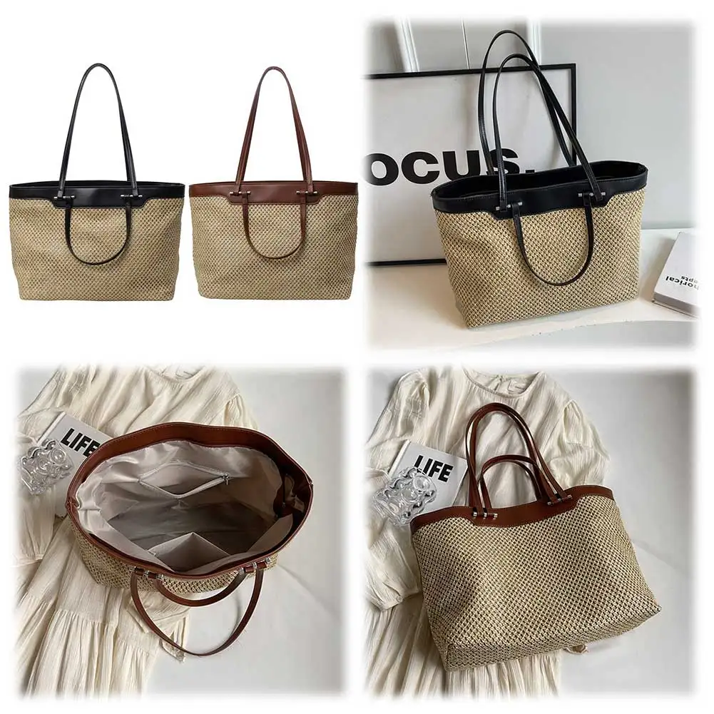 

Women PU Woven Tote Bag Fashion Shoulder Bag Large Capacity Simple Shopping Bag Weaving Work Bag for Outdoor Travel