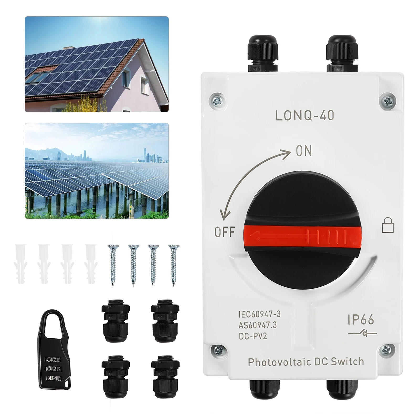 Disjoncteur à boîtier de déconnexion long, isolateur solaire 32 A, IP66, DC sous V, interrupteur de déconnexion photovoltaïque, 4 connecteurs étanches