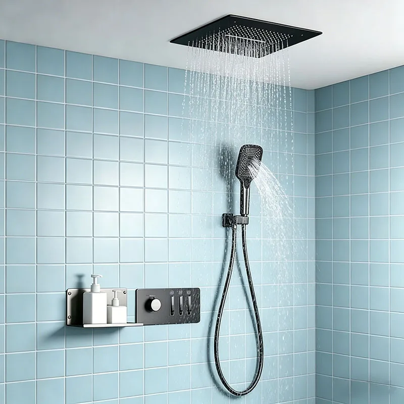 

Brushed Gold Shower Set Ceiling Waterfall/Rain Shower Head Brass concealed thermostatic mixer 3-Function Handheld Shower Head