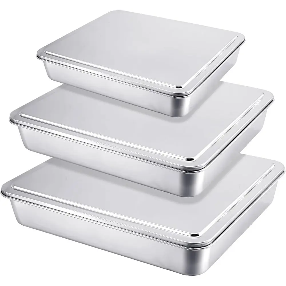 

3 Set StainlSteel Cake Pan with Lid 13/11/9 Inch RecSheet Bg Pan with Covers Bakeware with Lids or Cakes Breads Casseroles ish V
