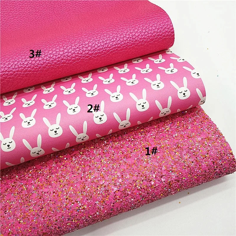 Pink Glitter Leather Sheets Flowers Dots Bunnies Printed Smooth Faux Leather Litchi Leather DIY Craft Sheets Mini Rolls W478