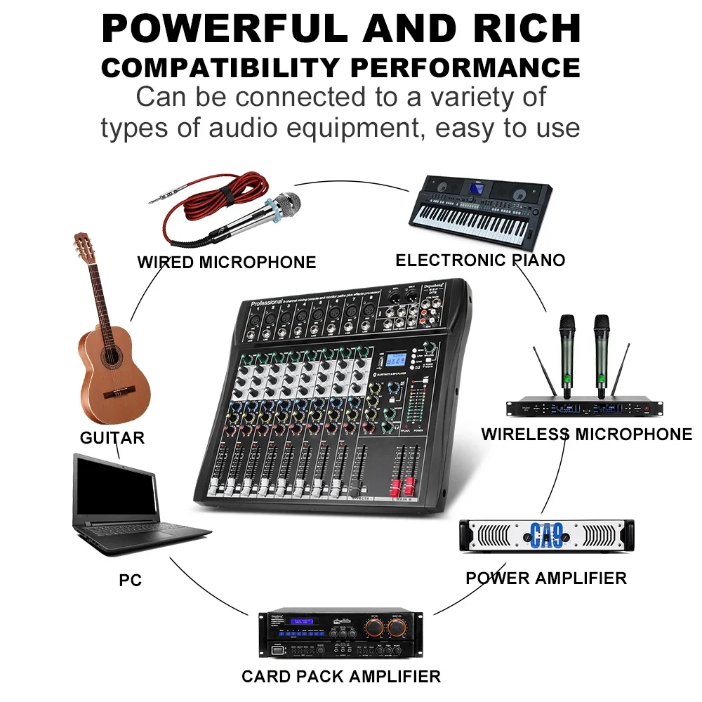 DT8 Professional Audio Mixer USB Input 48V Performance 8 Channel Audio Console Mixer