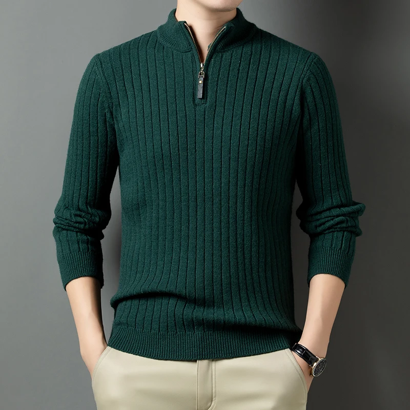 

Autumn Winter Men's Smart Casual Knitted Pullovers Solid Color Half Zipper Stand Collar Knit Sweater Men Fashion Slim Pullover