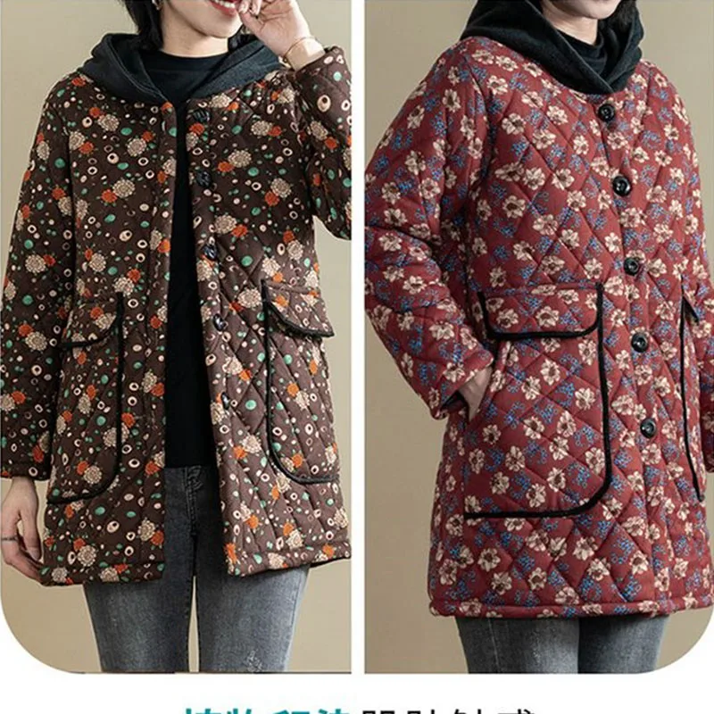 2025 Nuovo Autunno Inverno Con Velluto Giacca imbottita in cotone Donna Madre di mezza età Con cappuccio Floreale Più Velluto Caldo Parka Cappotto Femminile