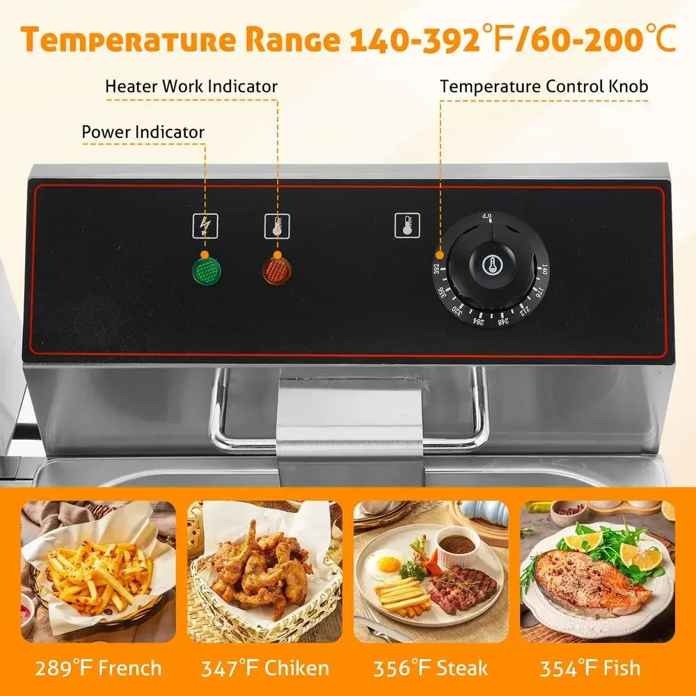 Kommerzielle Fritteuse mit Doppeltank, 4000 W, elektrische Fritteusen aus Edelstahl mit Körben, Temperaturregelung, professionelle Qualität