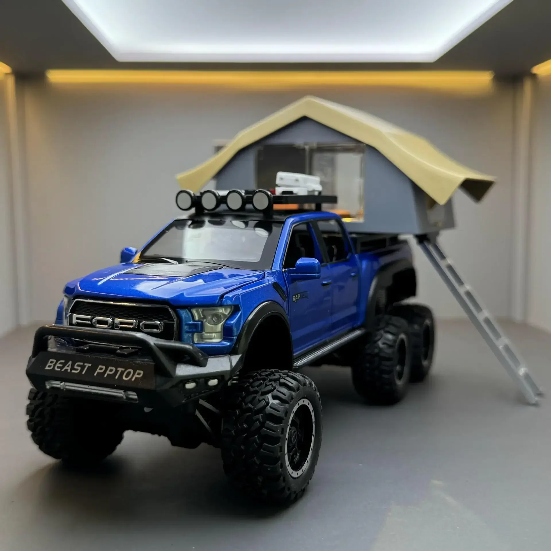 フォードラプターf150オフロードトラック合金金属ダイキャストモデルカー、キャンプRV、サウンドとライトシリーズのおもちゃ、子供向けギフト、1:24