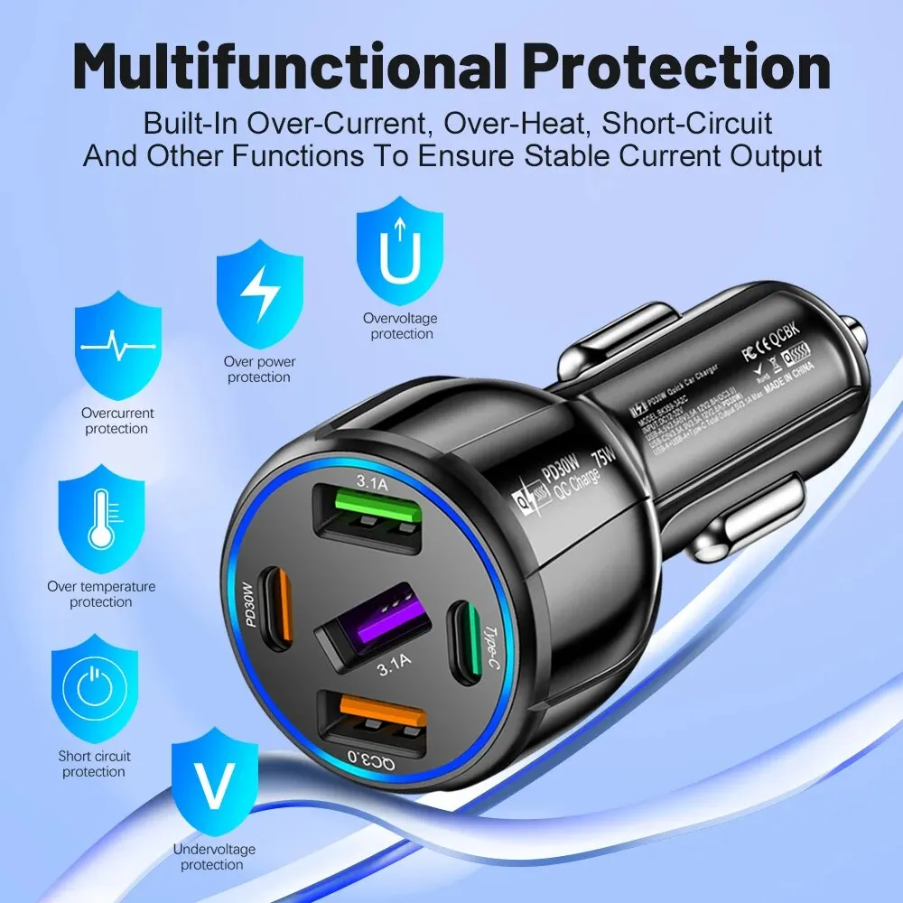 5พอร์ต USB Type C ที่ชาร์จในรถ75วัตต์ที่ชาร์จโทรศัพท์ PD ชาร์จเร็ว3.0อะแดปเตอร์ชาร์จไฟได้อย่างรวดเร็วสำหรับ iPhone Samsung Xiaomi Huawei