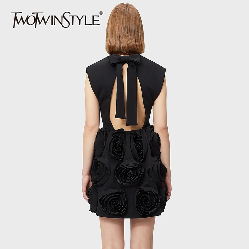 

TWOTWINSTYLE Hollow Out Spliced Appliques Dress For Women O Neck Sleeveless High Waist Patchwork Lace Up Elegant Dresses Female