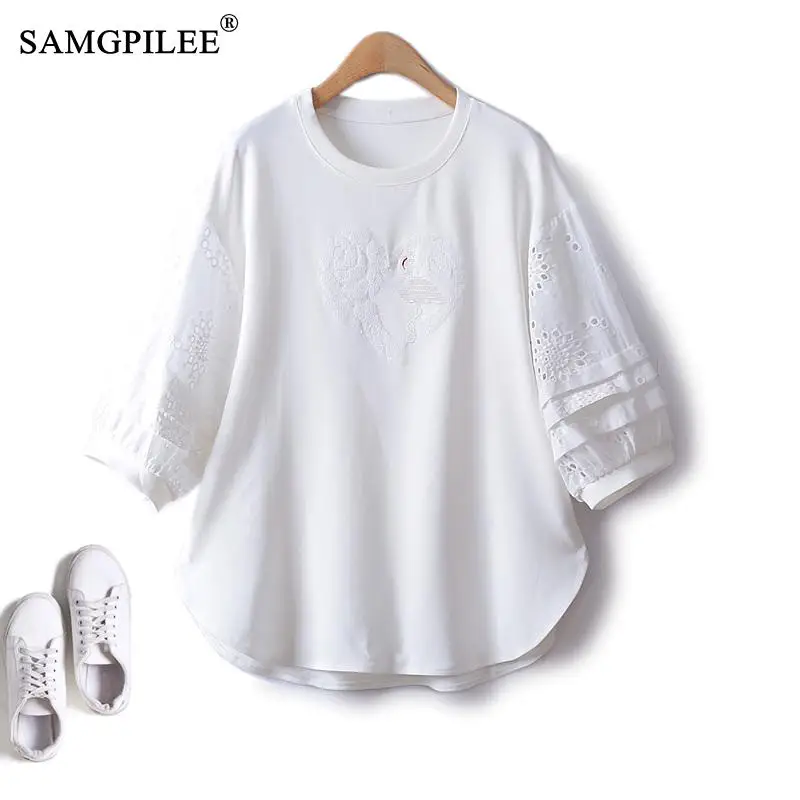 

Sweet Women's T-shirt Lantern Sleeve Embroidery Sequin Stitching Korean Fashion Loose Cotton Half Sleeve Summer Top Women 4XL