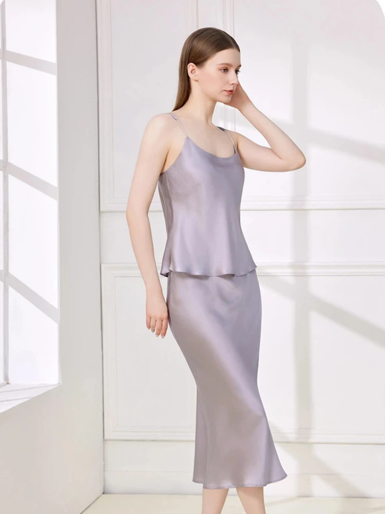 19MM Real Silk Sexy Slim Camis Top & Long Skirt Set Solid Beach Vacation Camisole Party Outfits Office Lady Sleeveless Dress Set view 5