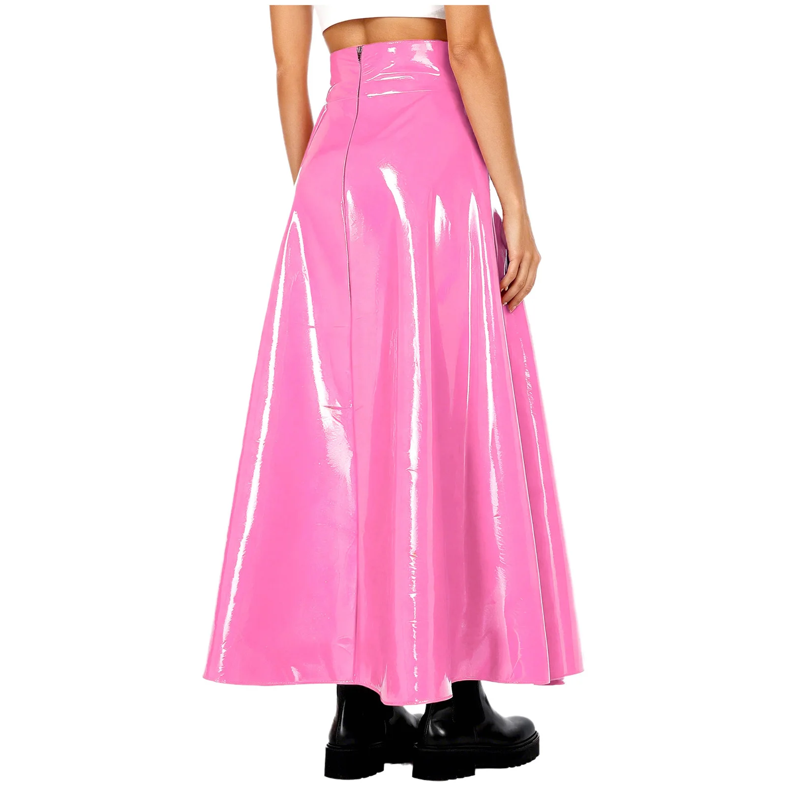 Women High Split Patent Leather Skirt Back Zipper High Waist Skirt Disco Clothing for Rave Music Festival Carnival Club Party