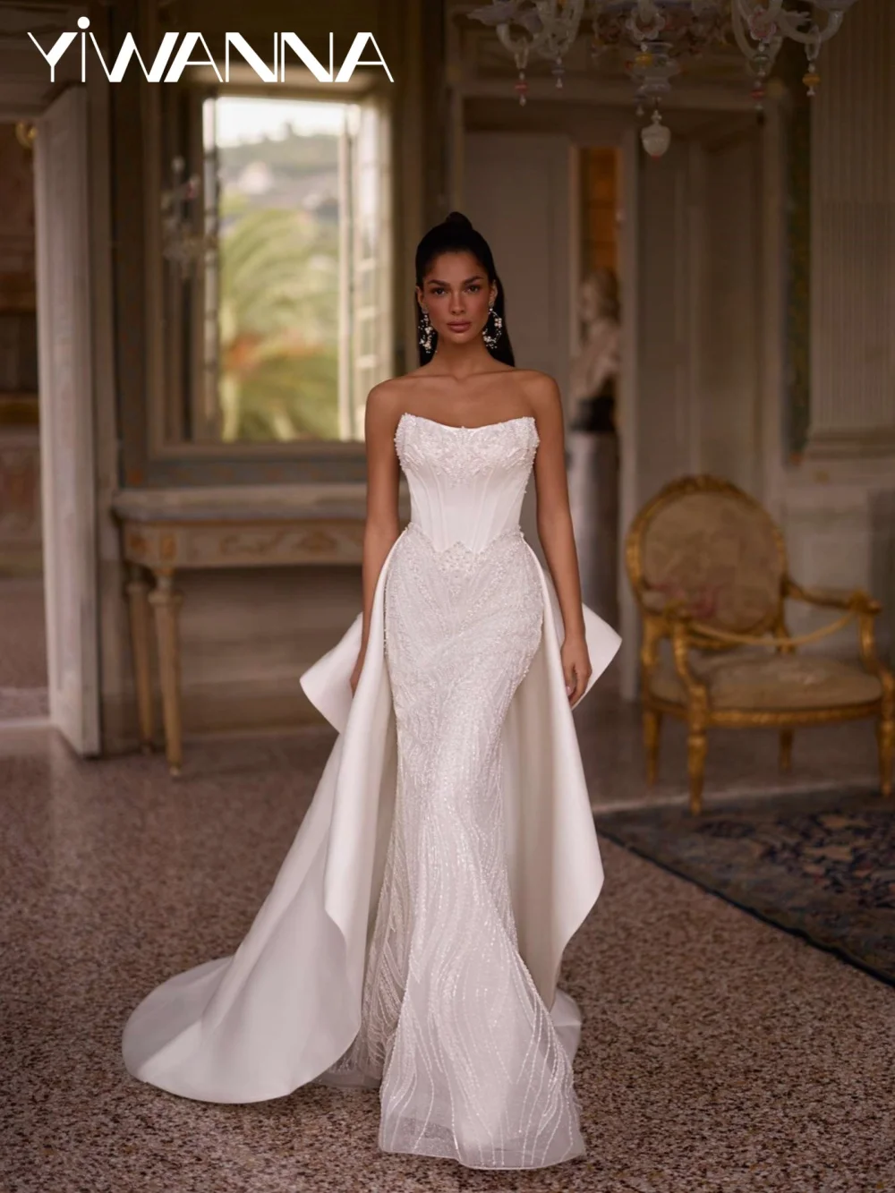 

Embroidery Beaded Pearls Wedding Dress Detachable Train Strapless Bridal Gown Customized Mermaid Long Dresses For Bride