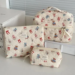 Set di borse per il trucco trapuntate in cotone da 3 pezzi Set di borse per cosmetici con cerniera per donna borsa da toilette portatile per ragazze