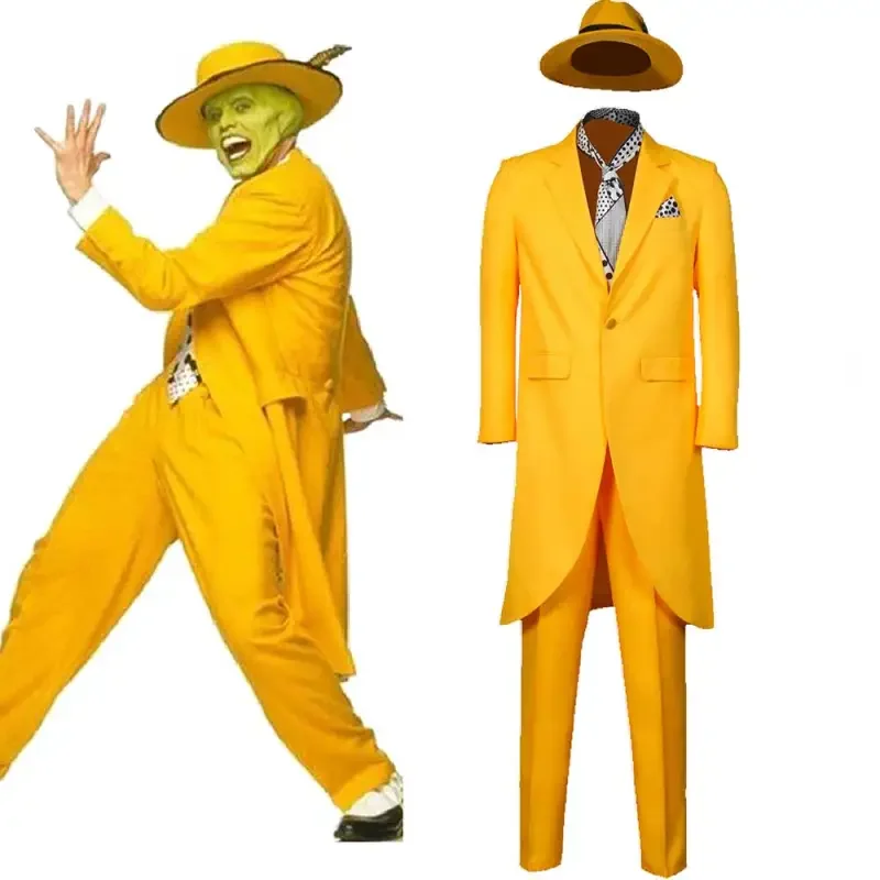 The Mask Jim Halloween Costume Carrey Men Roleplay Disguise Outfits Yellow Coat Hat Pants Takerlama