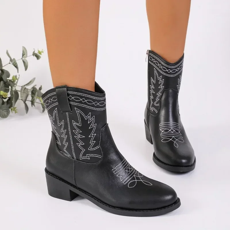 Women's Shoes on Sale 2023 Side Zip Ankle Women's Boots Plus Size Retro Boots Women Round Toe Embroidery Square Heel Shoes Women