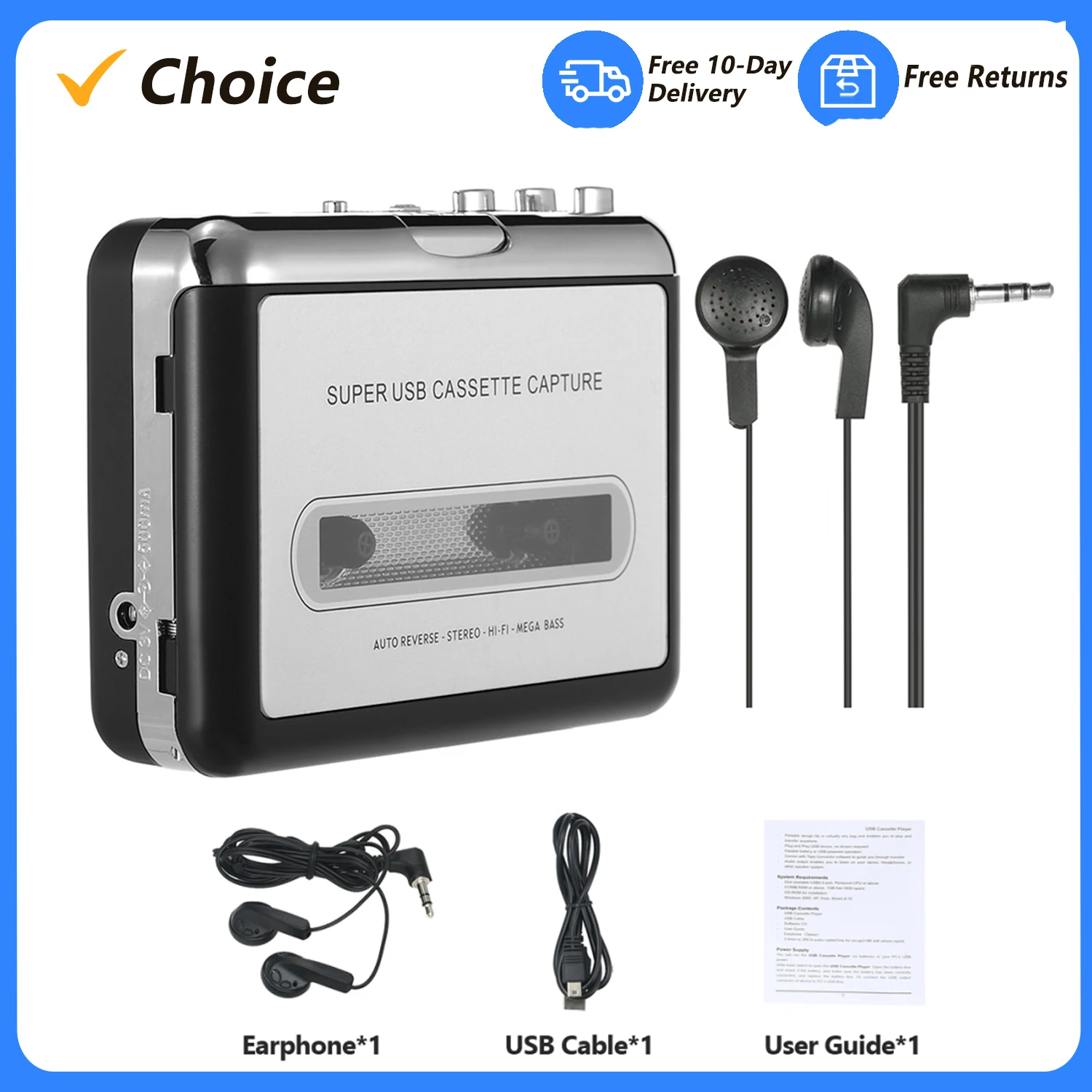 USB Cassette Capture  Cassette Tape-to-MP3 Converter into Computer HiFi Sound Quality Mega Bass Audio Music Player with Earphone